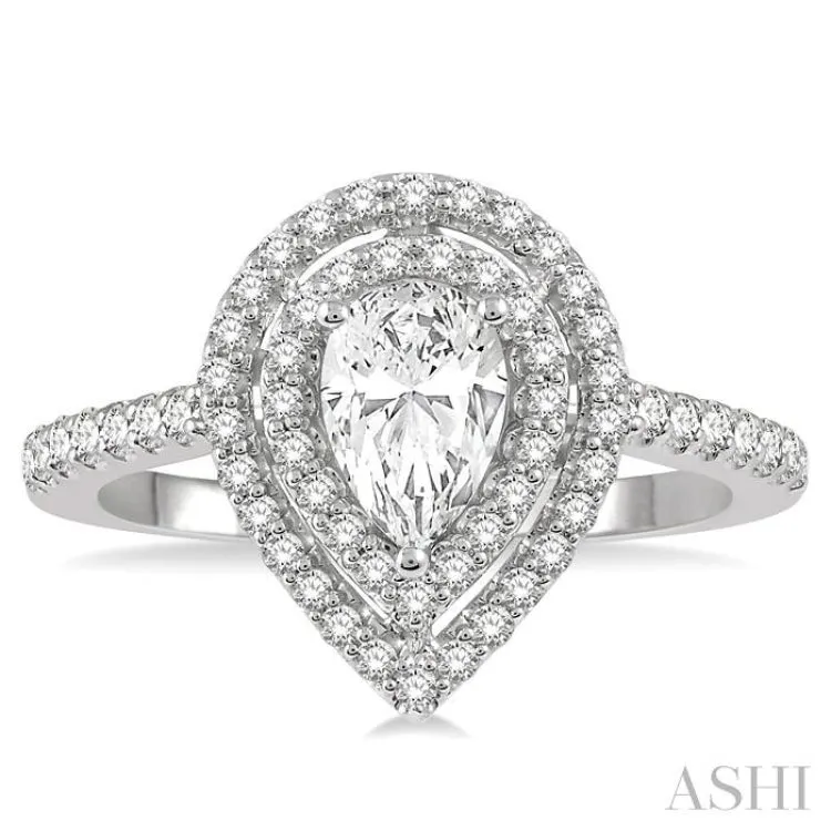 1 Ctw Pear Cut Semi-Mount Double Row Diamond Engagement Ring in 14K White Gold