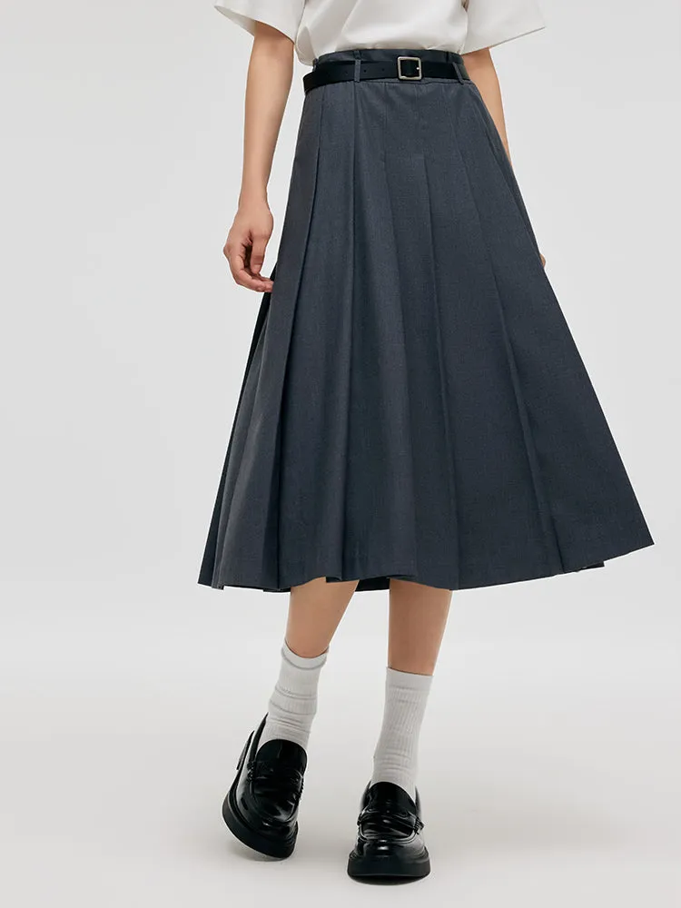 A-Line Women Pleated Skirt With Belt