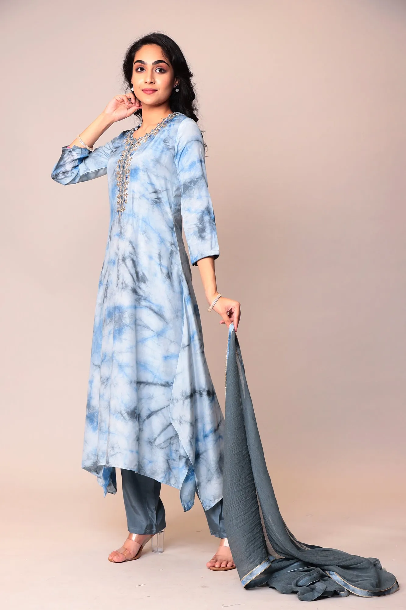 Assymetrical Cut Tie & Dye Silk Kurta Stitched (3Pc) with Gota Patti and Thread Work.