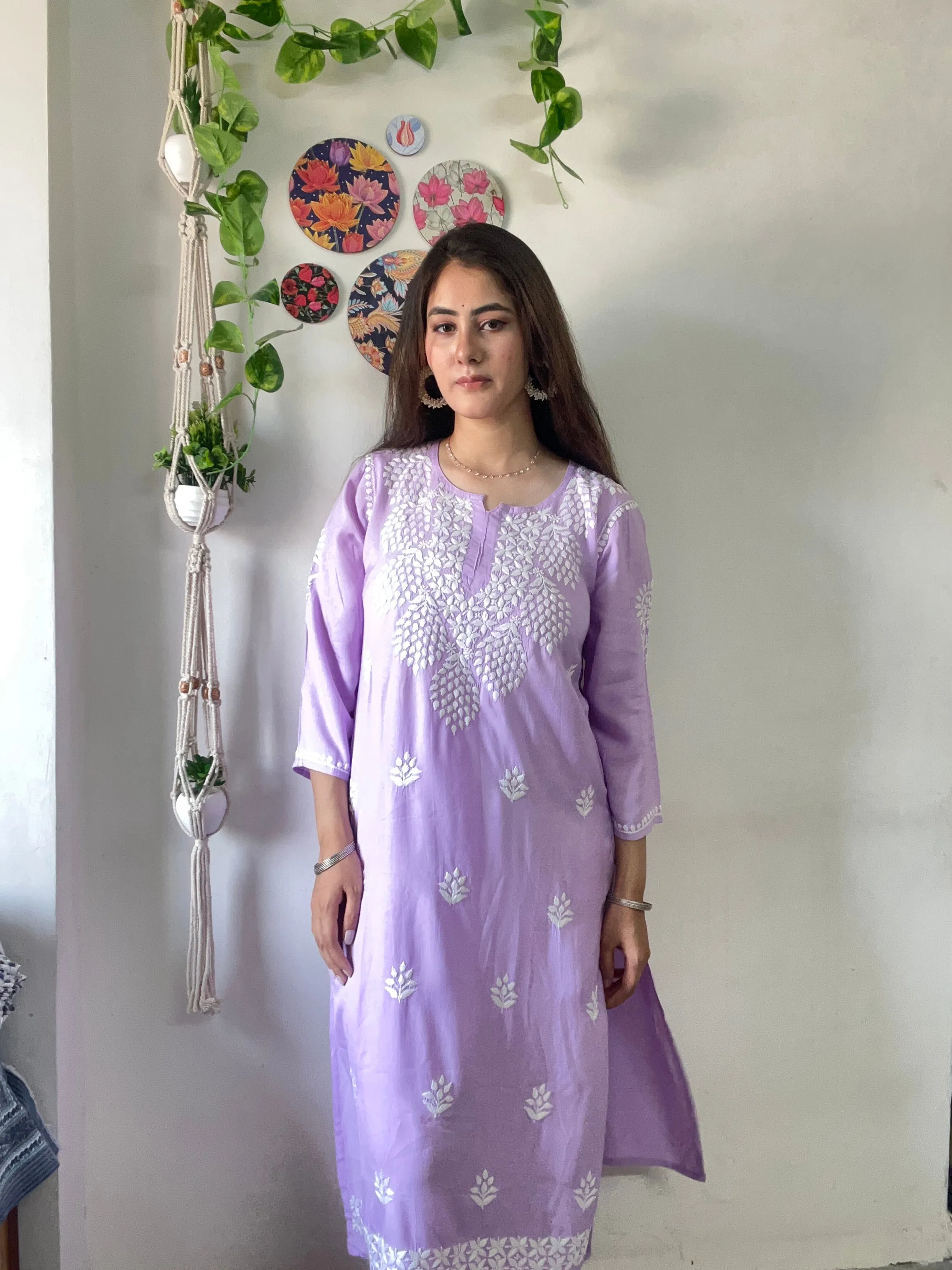 Atrendy Lilac Chikankari Kurti Plazaao Set In Rayon