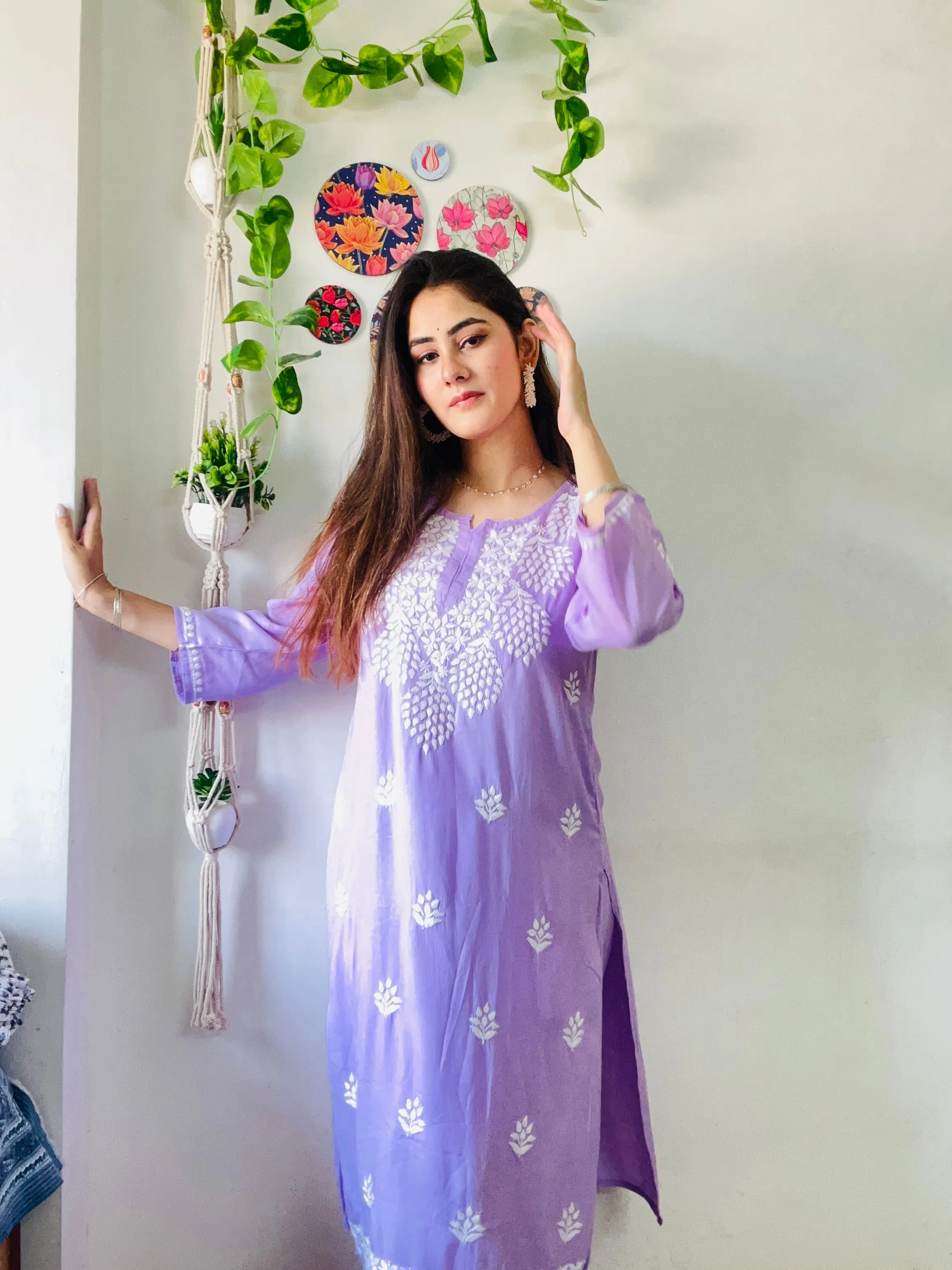 Atrendy Lilac Chikankari Kurti Plazaao Set In Rayon