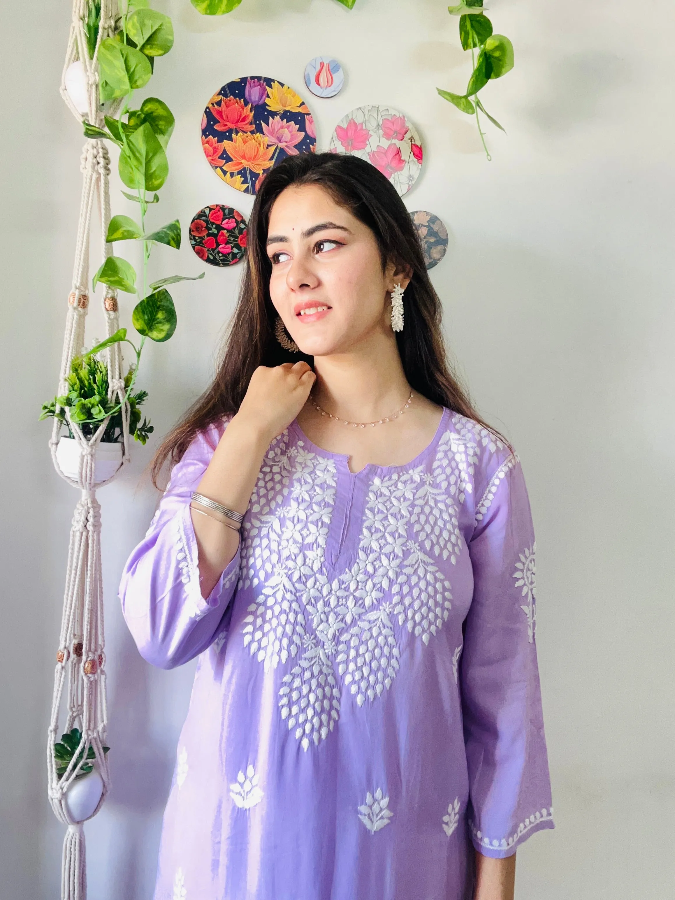 Atrendy Lilac Chikankari Kurti Plazaao Set In Rayon