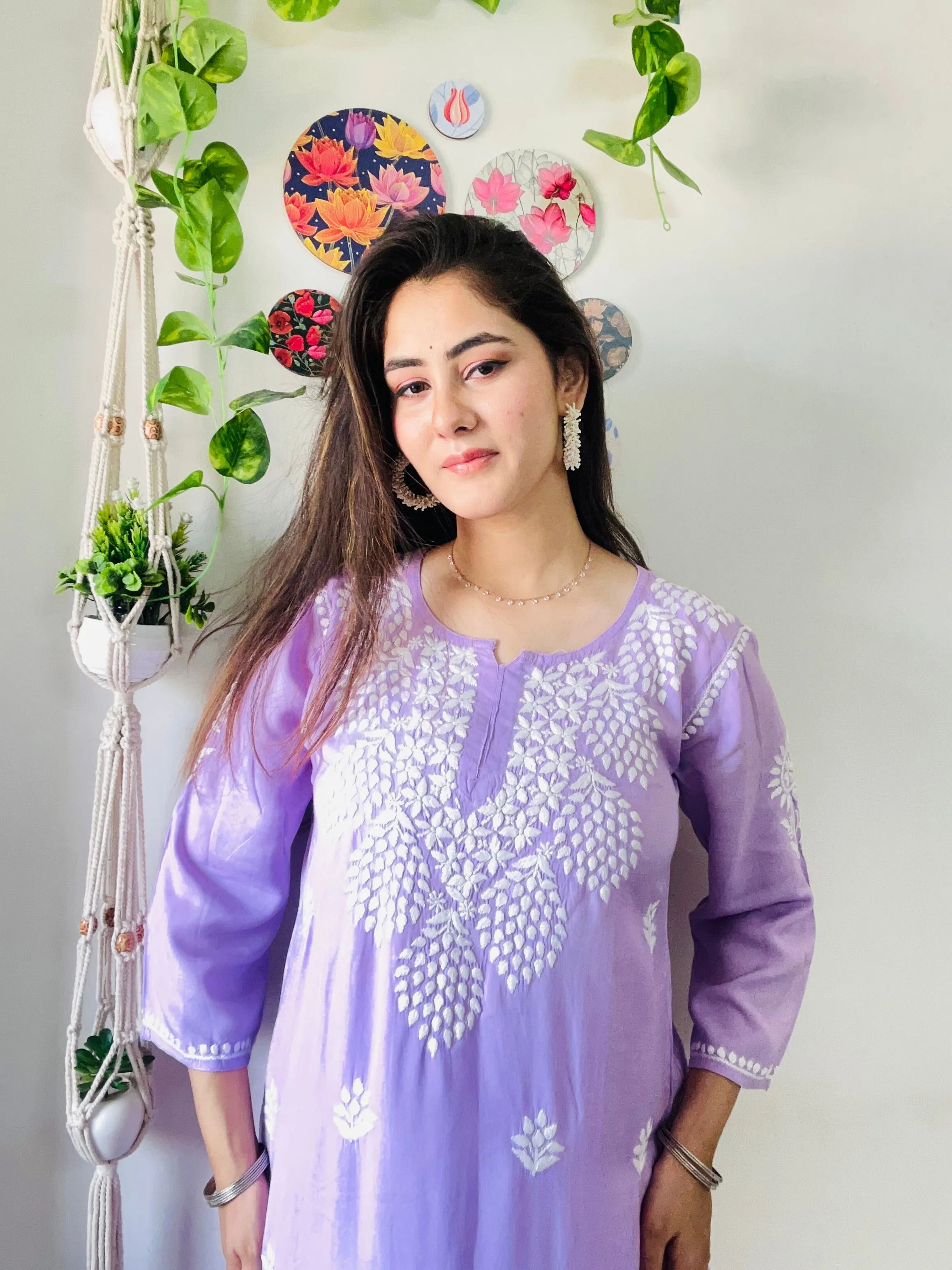 Atrendy Lilac Chikankari Kurti Plazaao Set In Rayon