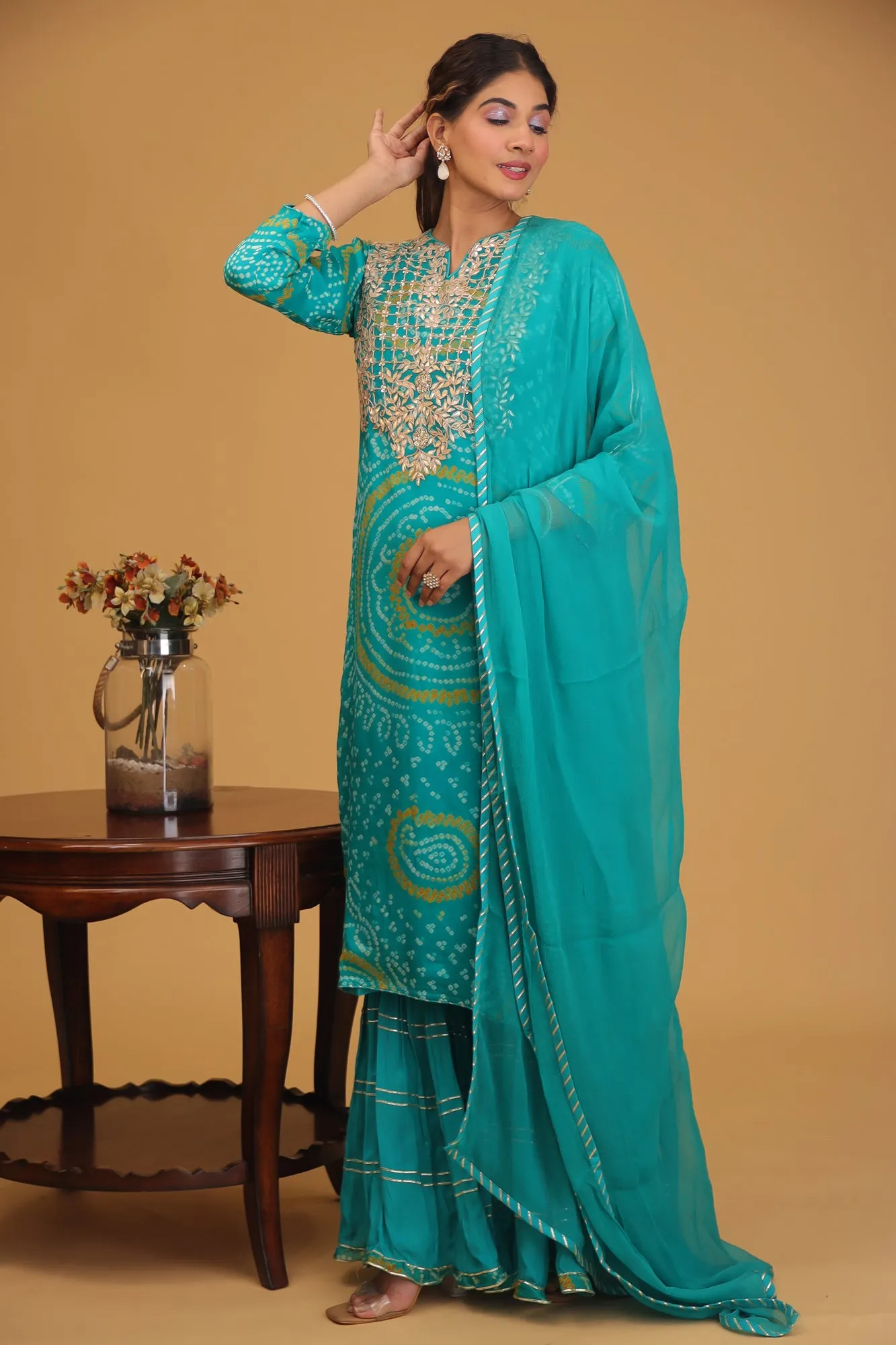 Bandhej Chinon Straight Cut Sharara Suit with Gota Patti work.