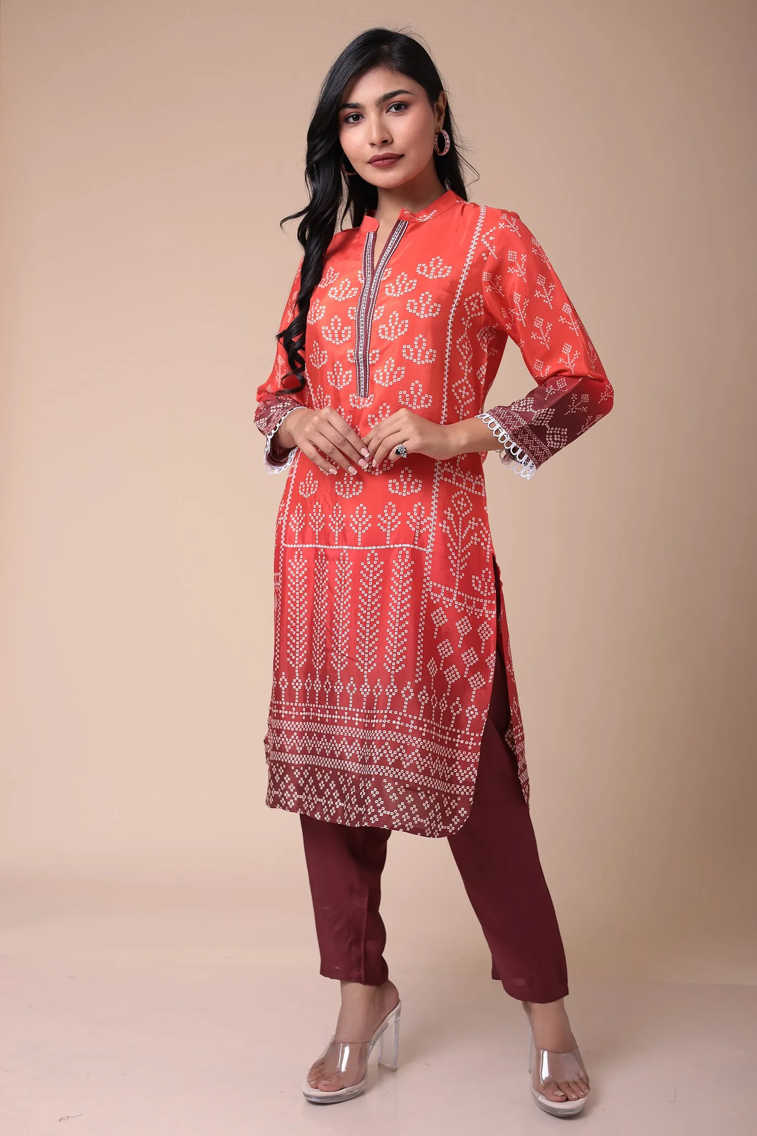 Bandhej Silk Blend Kurta Set with Embroidered work