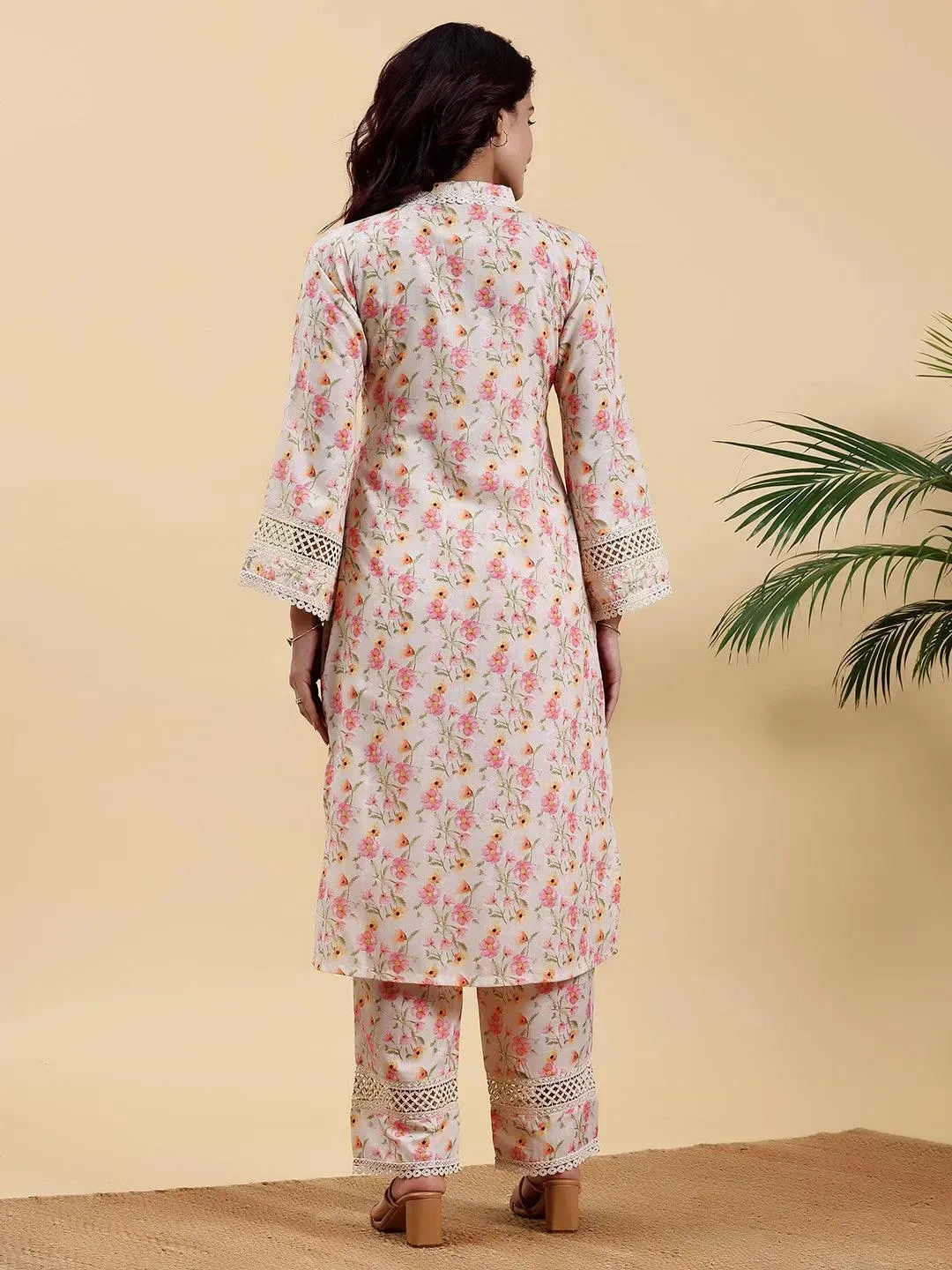 Beige Printed Cotton A-Line Kurta With Palazzos