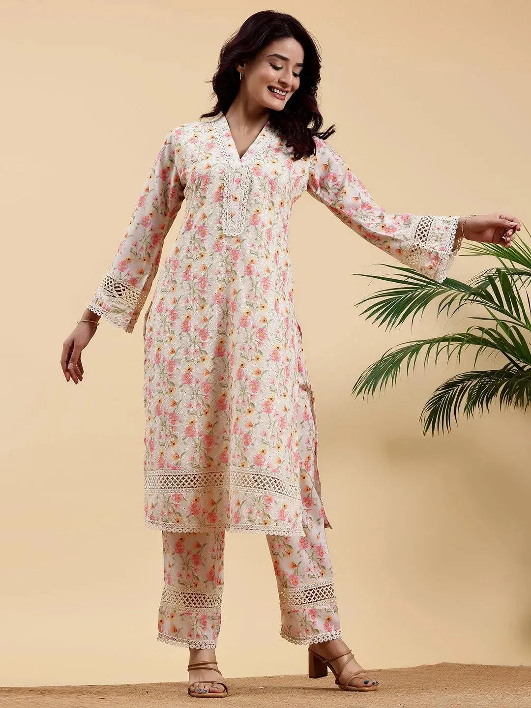 Beige Printed Cotton A-Line Kurta With Palazzos