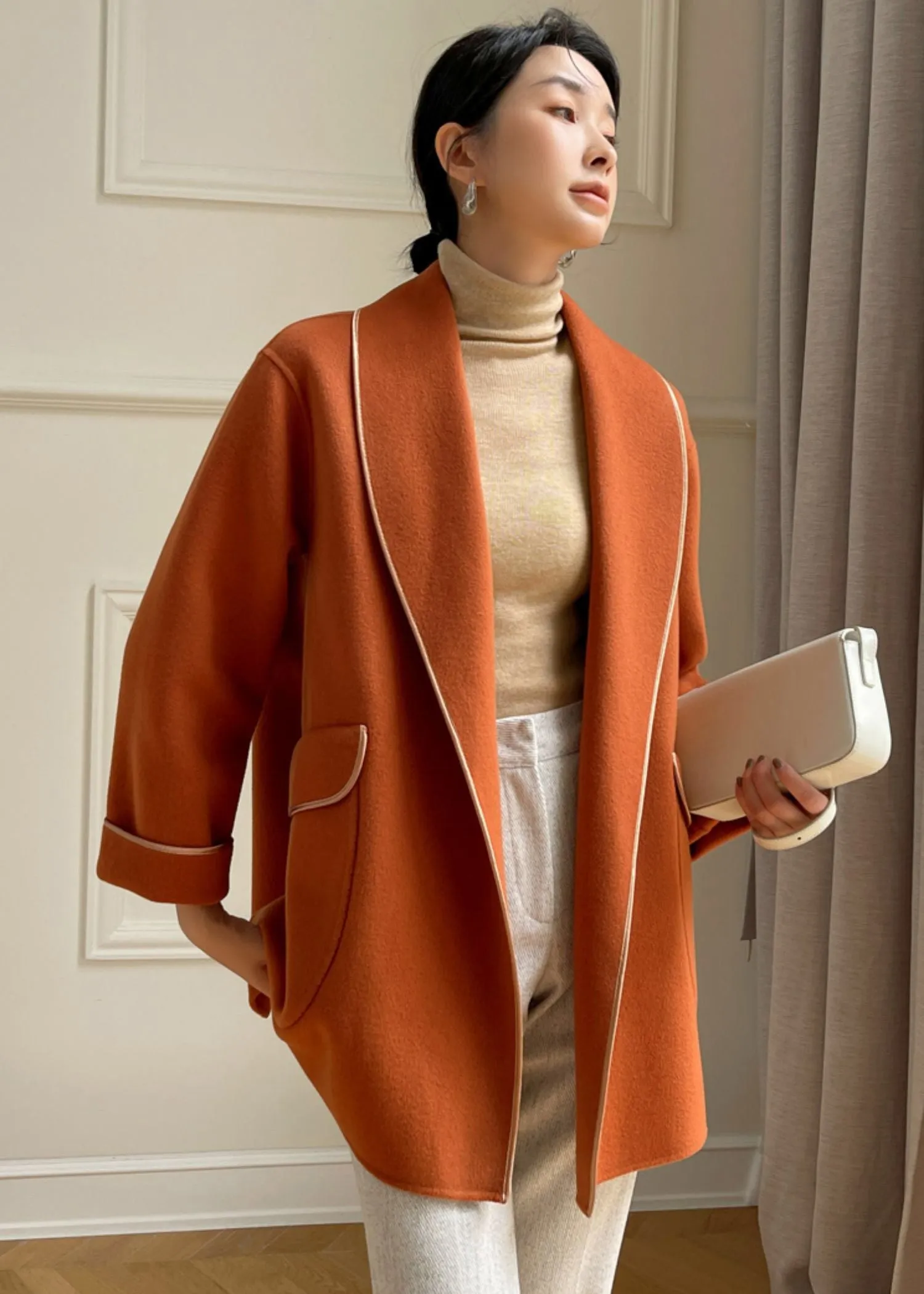 Belted Wool Blend Shawl Collar Coat