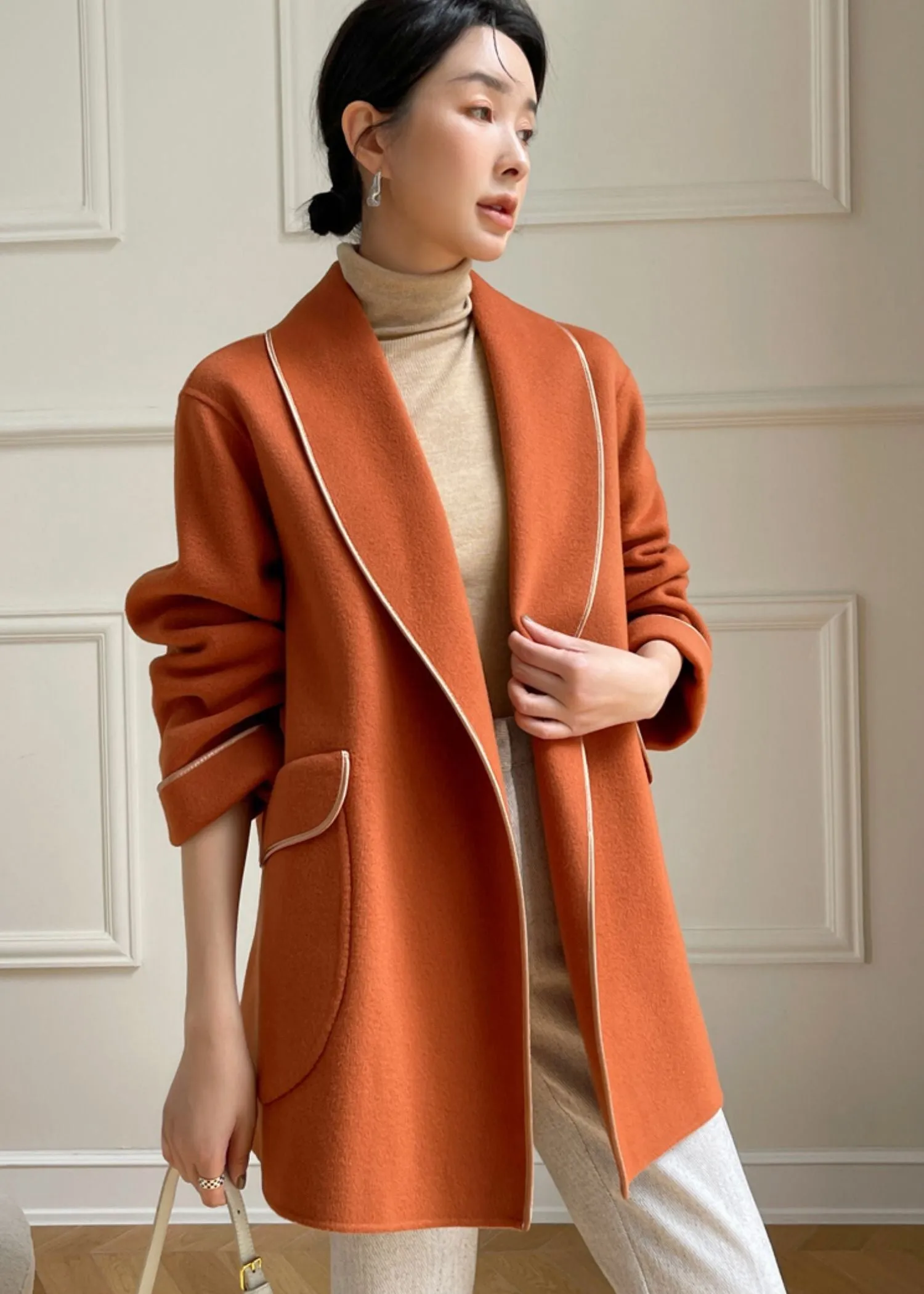 Belted Wool Blend Shawl Collar Coat