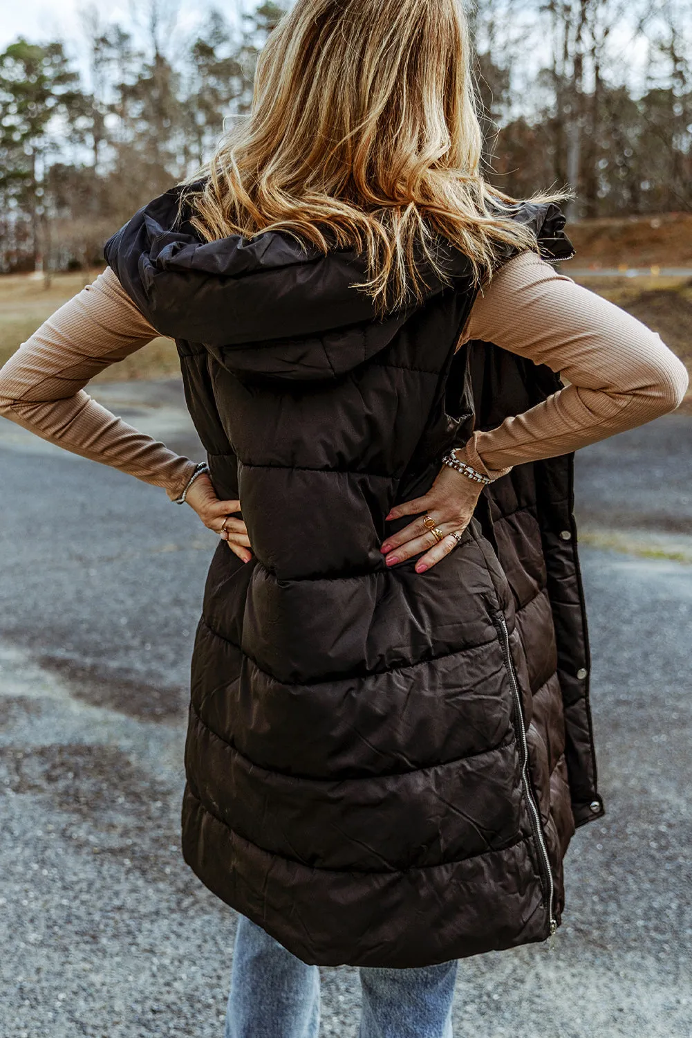 Black Hooded Long Quilted Vest Coat