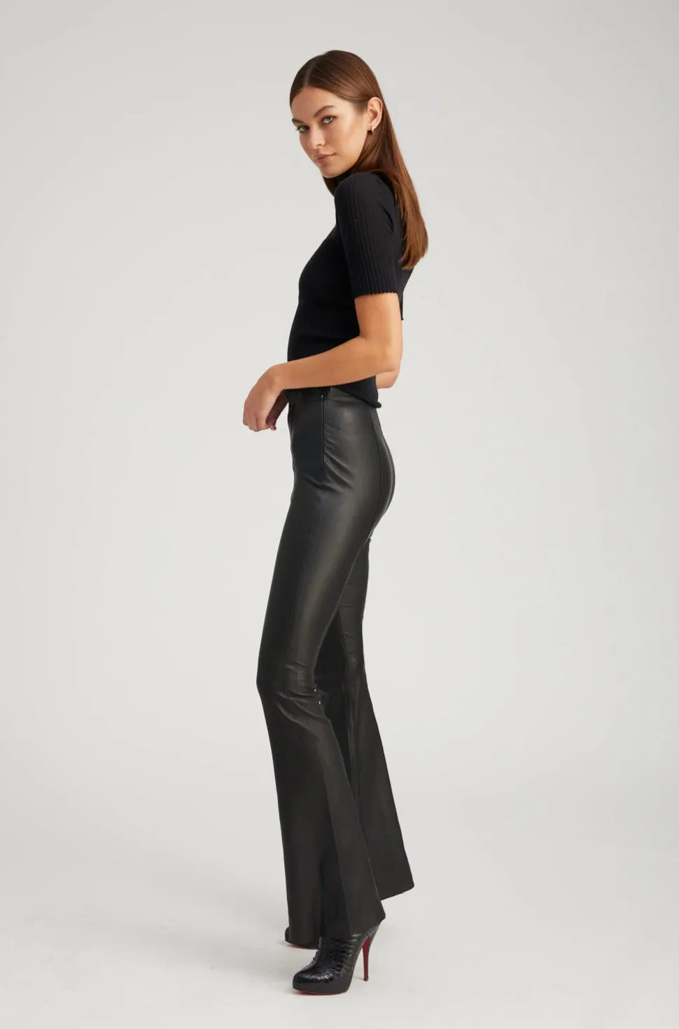 Black Leather Ankle Flare Pants with Princess Seams