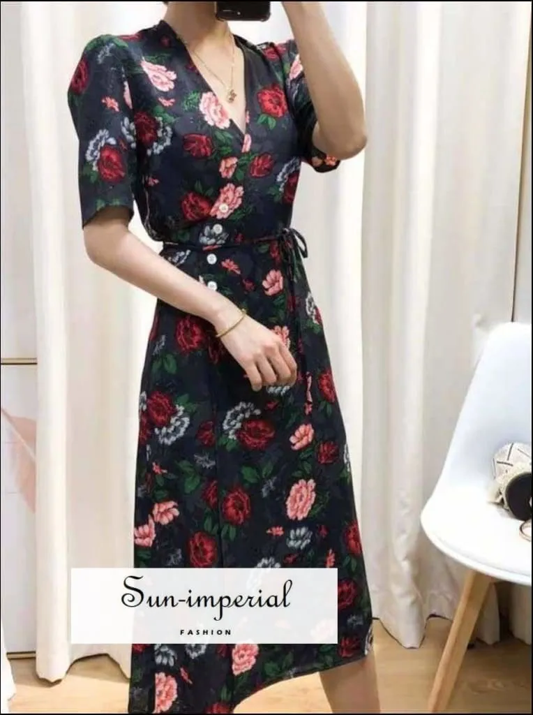 Black Warp Floral Print Midi Dress Short Sleeve V-neck Eu