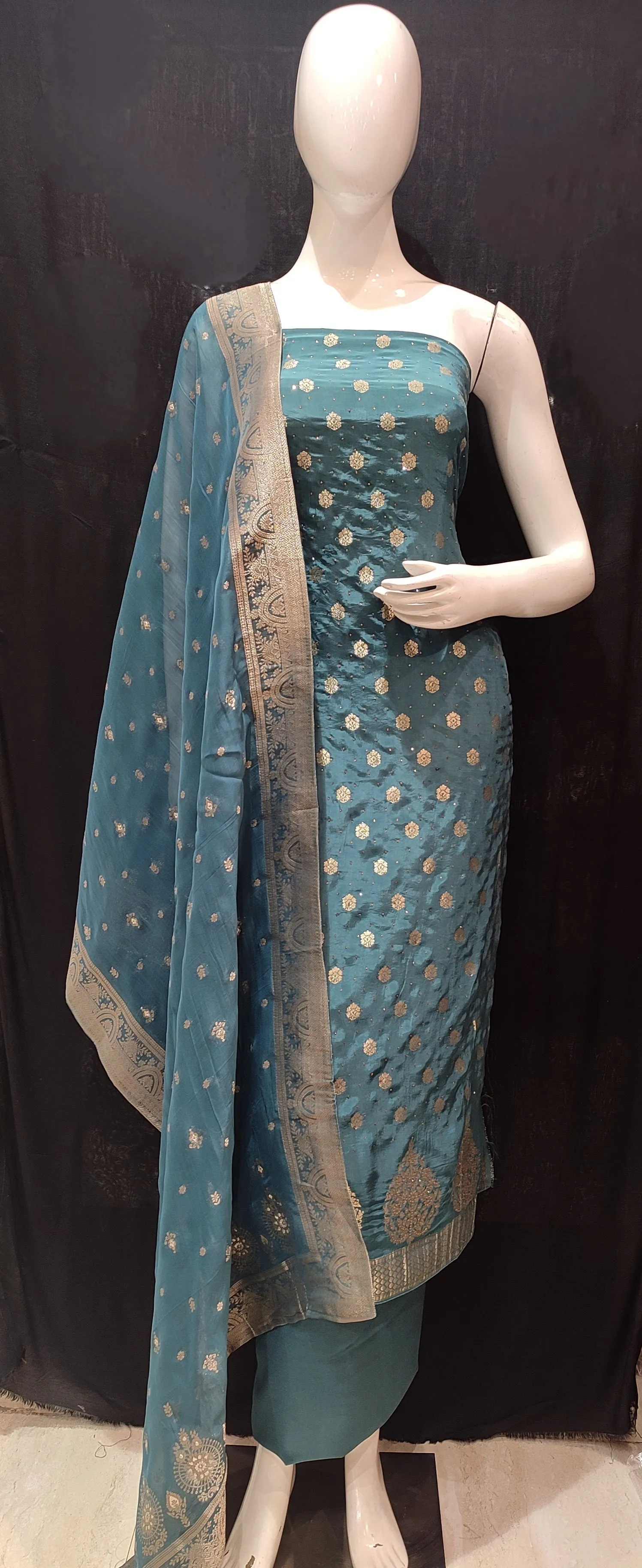 Blue Crepe Silk Unstitched Suit With Swarovski Work