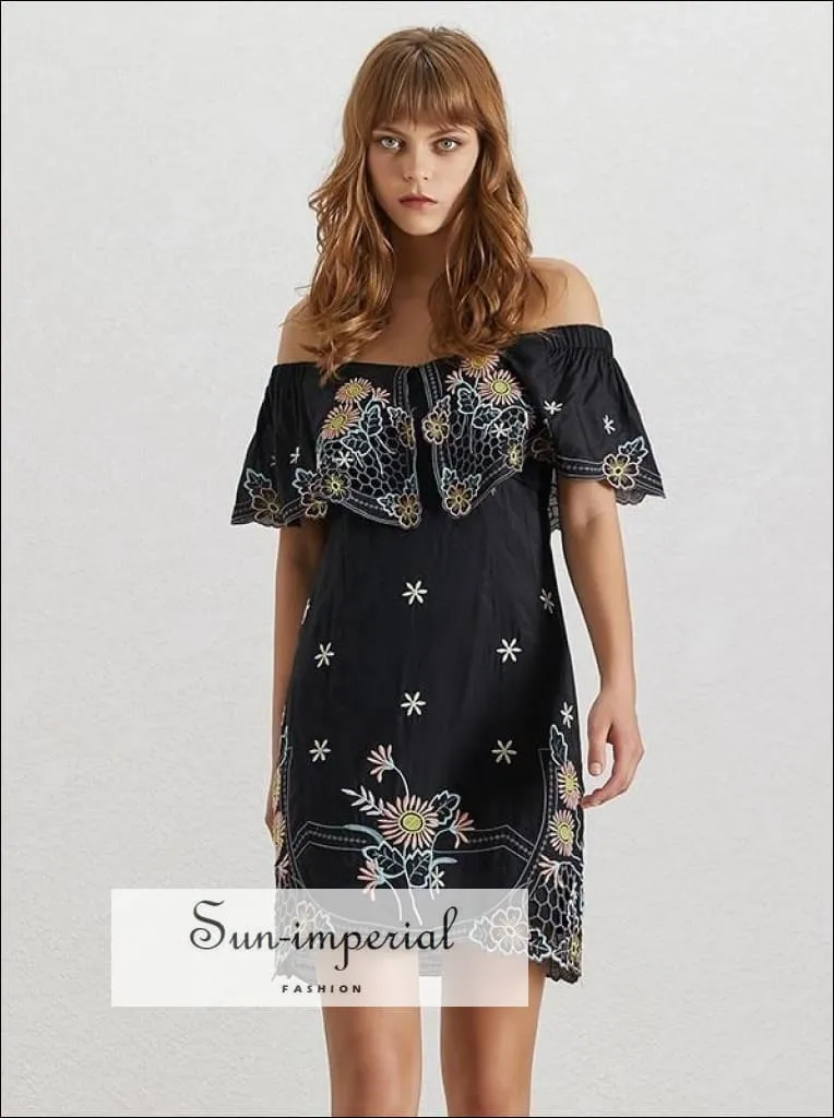 Butterfly Dress- Summer Flower Embroidery Women Dress off Shoulder Slash Neck Short Sleeve High