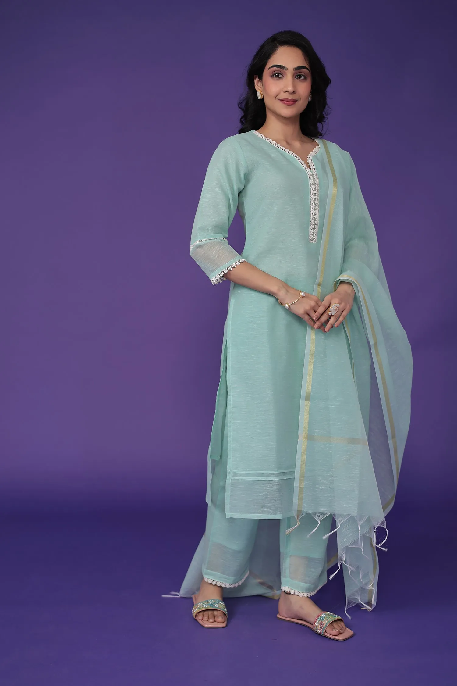 Chanderi Kurta Set Stitched with Embroidered work