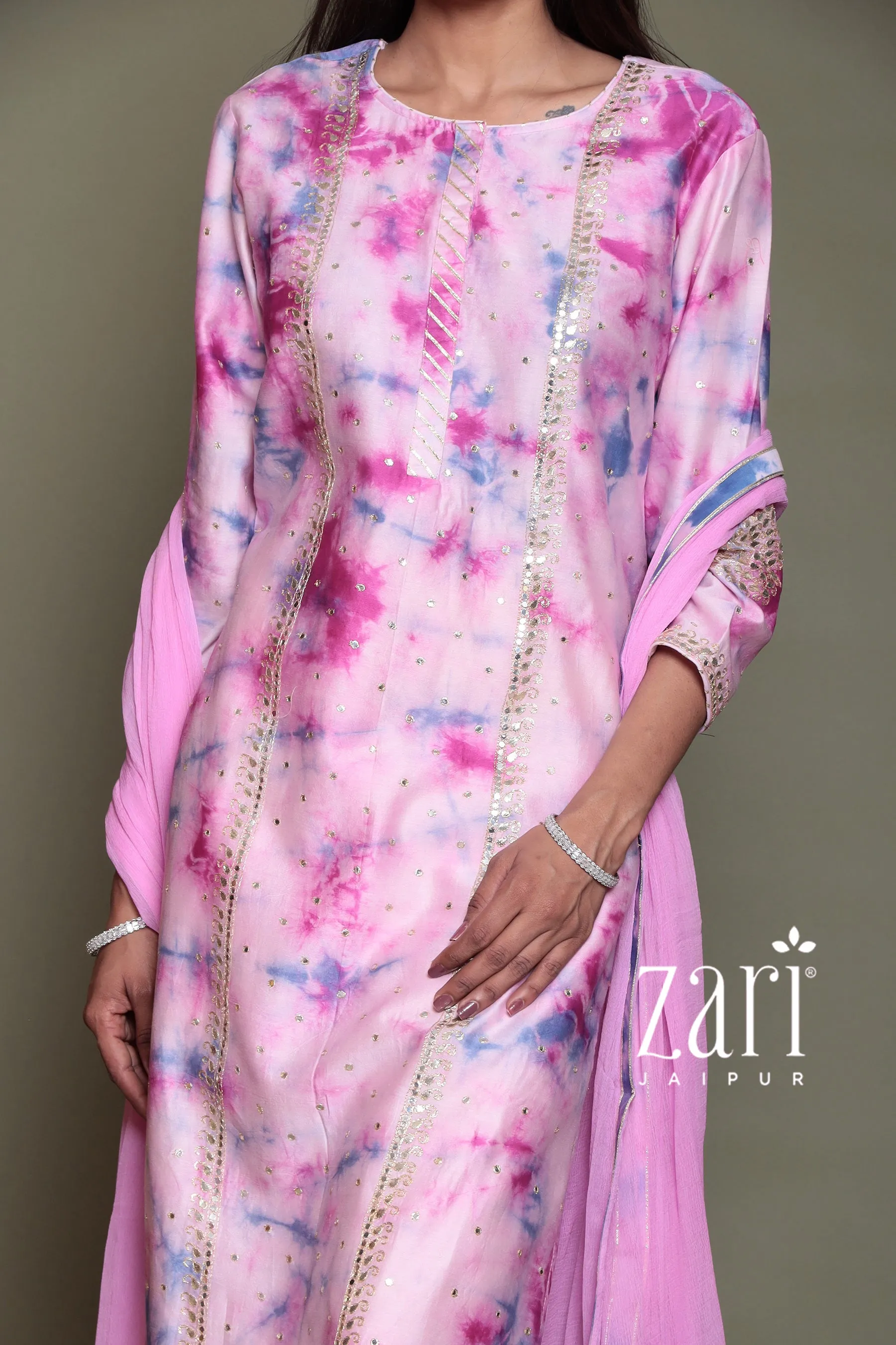 Chanderi silk  Suit with Aari, Gota Patti, Mirror, Tie & Dye work.