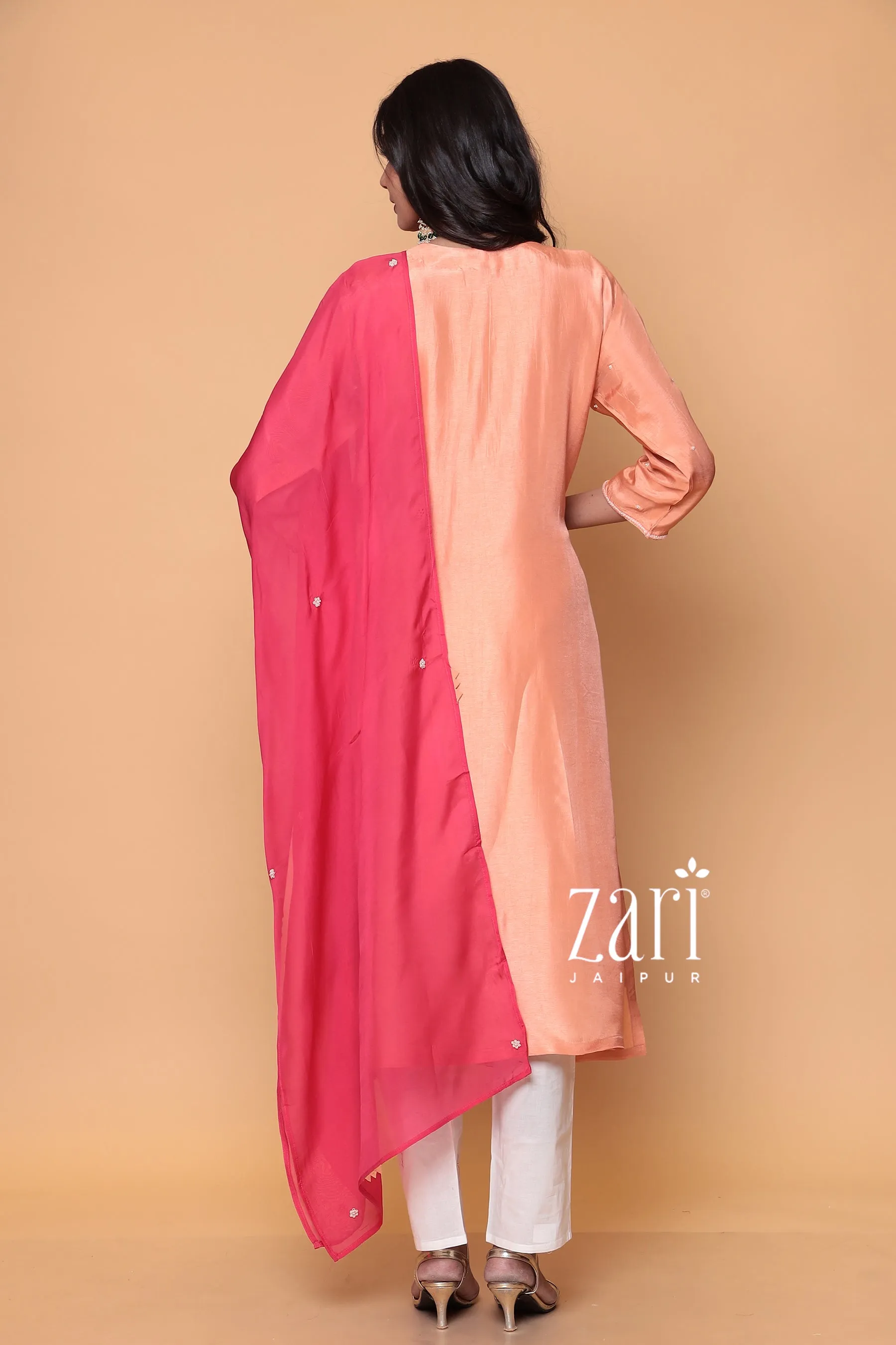 Chendari silk suit with Aari, Pearl, Sequins, Thread, Zardozi work.