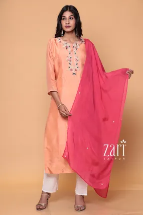 Chendari silk suit with Aari, Pearl, Sequins, Thread, Zardozi work.