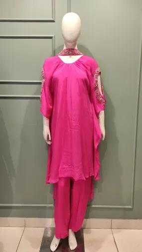 Chinon Suit with Kaftan Pant, Choker Dupatta and Hand Work Designer Sleeves