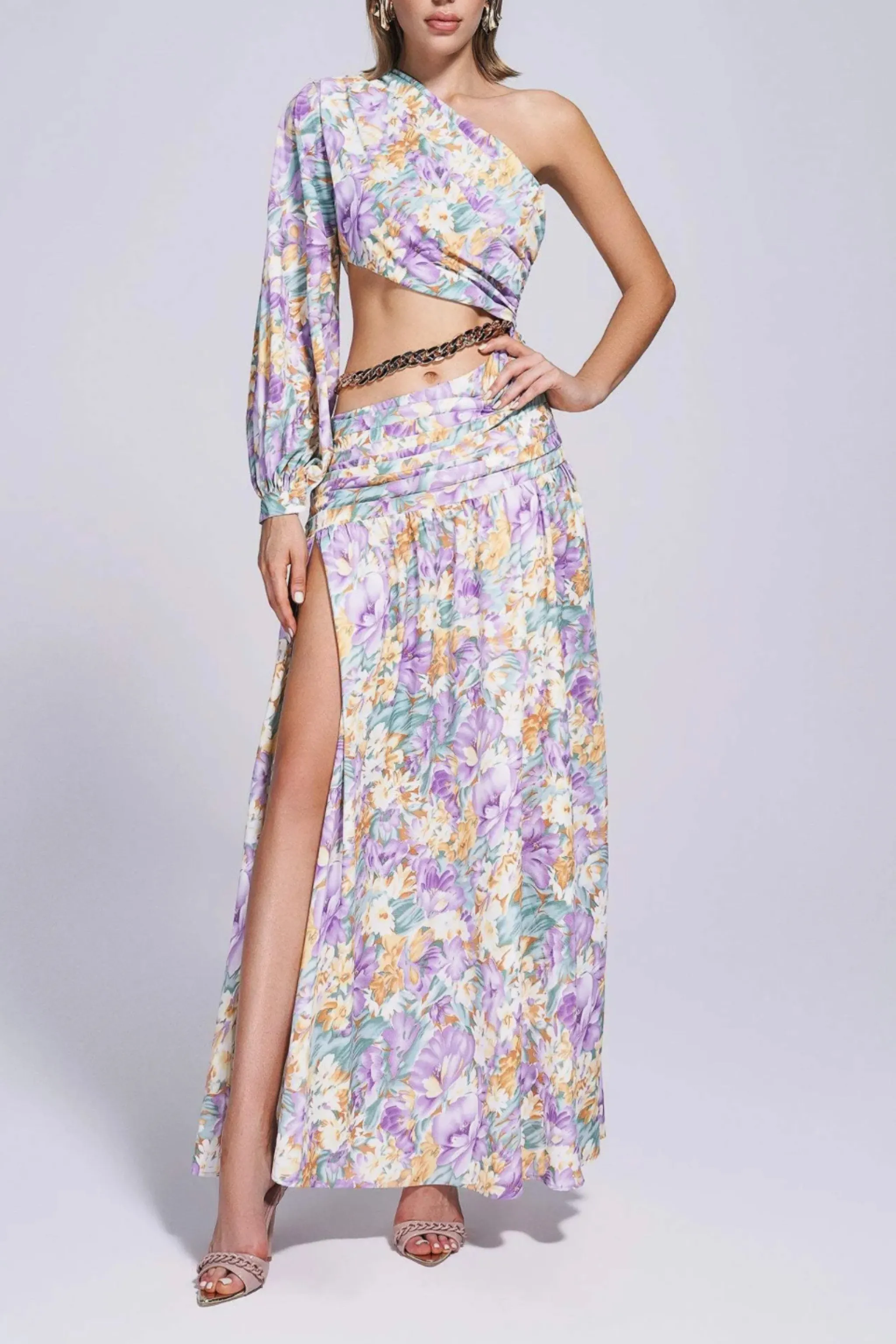 CLARA LAVENDER GREEN ONE SHOULDER FLORAL MAXI DRESS