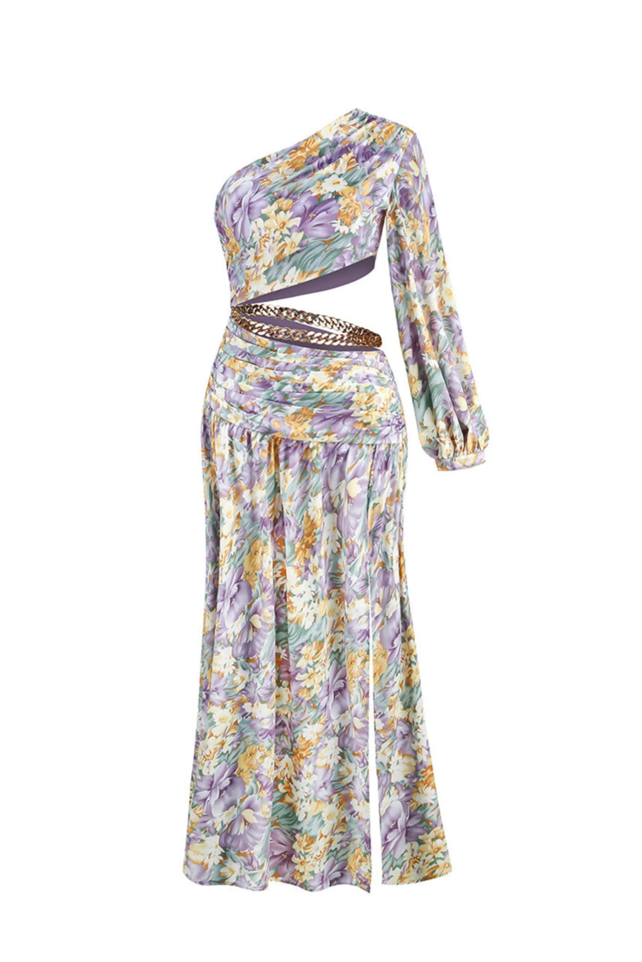 CLARA LAVENDER GREEN ONE SHOULDER FLORAL MAXI DRESS