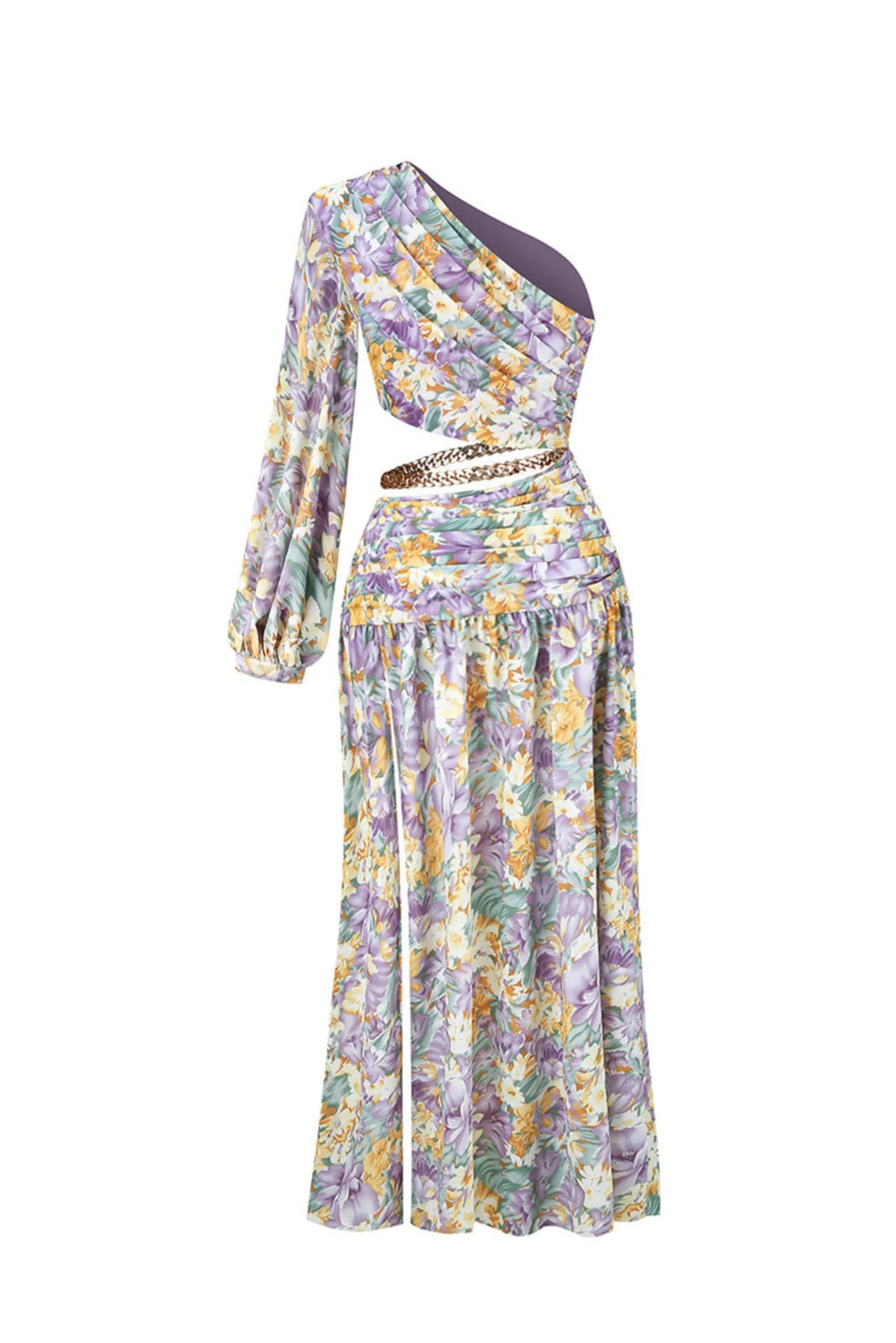 CLARA LAVENDER GREEN ONE SHOULDER FLORAL MAXI DRESS