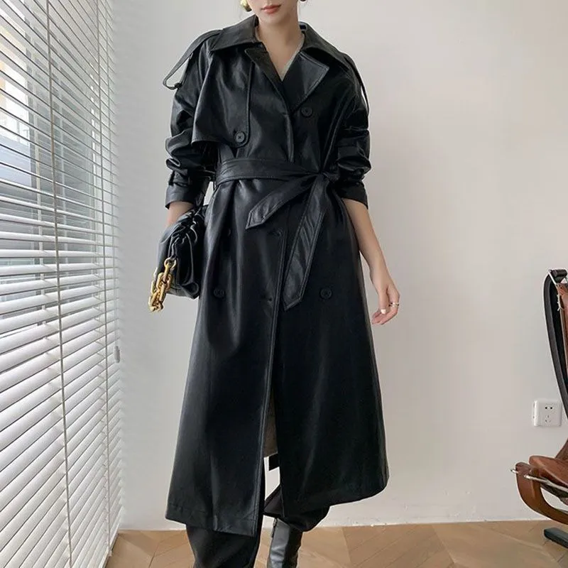 Double Breasted Full Length Black Patent Faux Leather Trench Coat