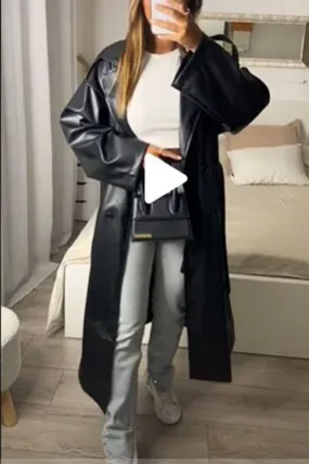 Double Breasted Full Length Black Patent Faux Leather Trench Coat