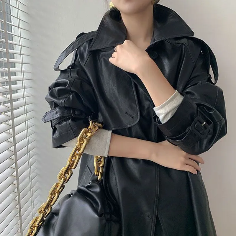 Double Breasted Full Length Black Patent Faux Leather Trench Coat