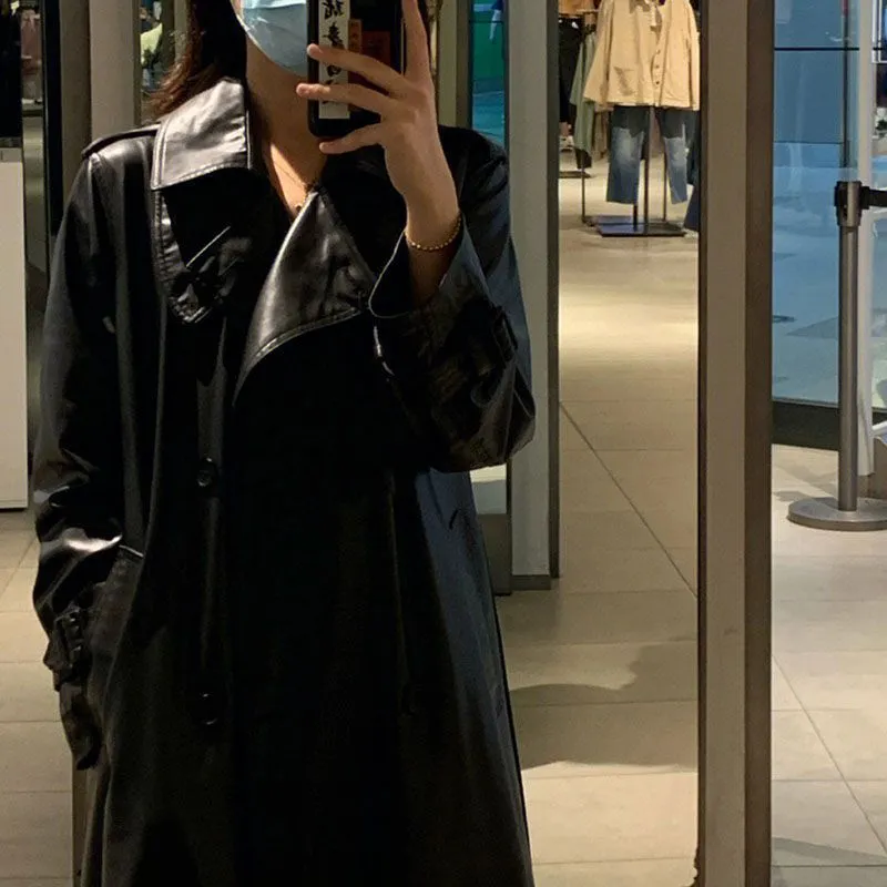 Double Breasted Full Length Black Patent Faux Leather Trench Coat