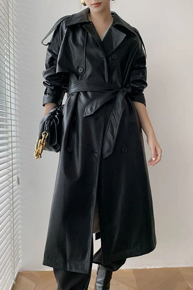 Double Breasted Full Length Black Patent Faux Leather Trench Coat