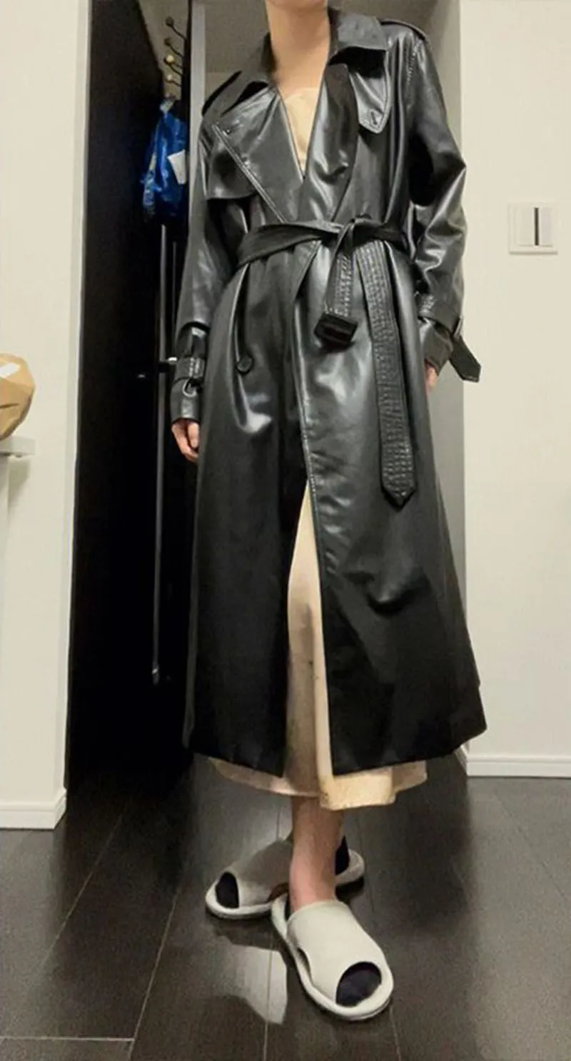 Double Breasted Full Length Black Patent Faux Leather Trench Coat