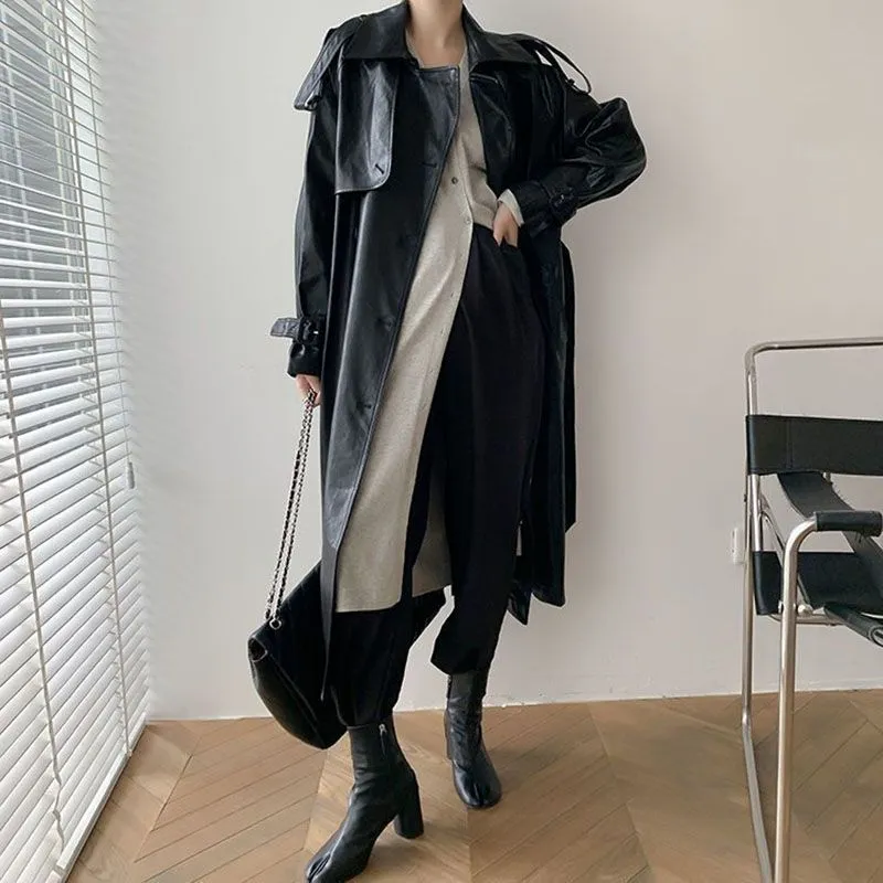 Double Breasted Full Length Black Patent Faux Leather Trench Coat