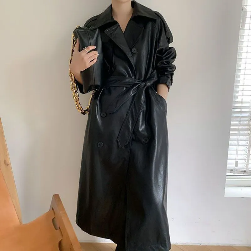 Double Breasted Full Length Black Patent Faux Leather Trench Coat