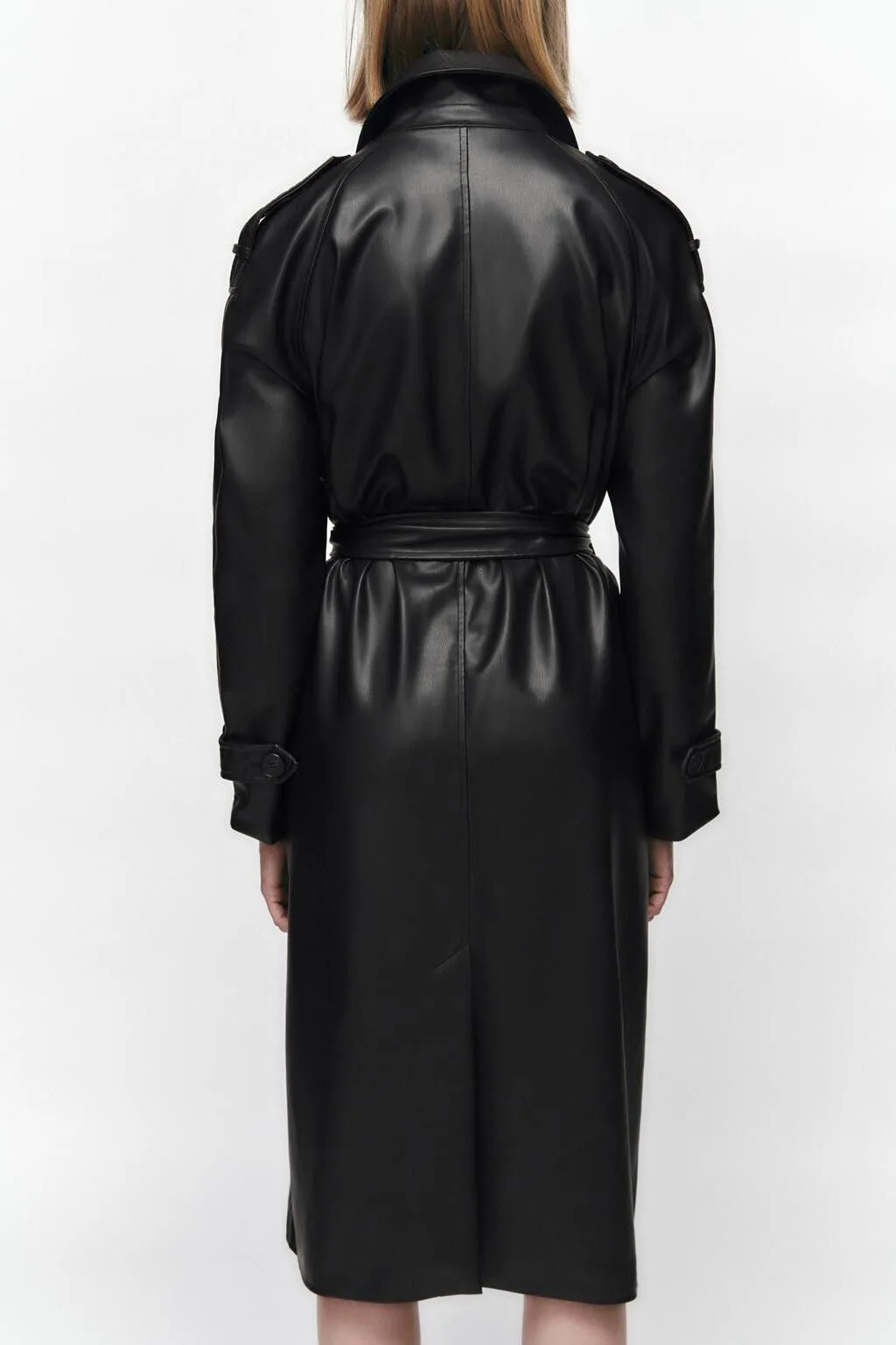 Double Breasted Full Length Black Patent Faux Leather Trench Coat