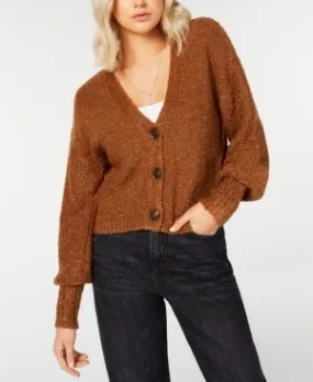 Hooked Up By IOT Junior's Textured Button-Front Cardigan Brown Size Large