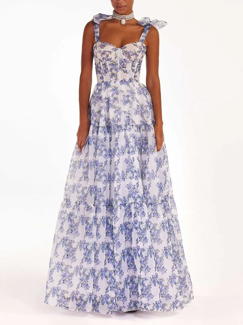 Hydrangea Provencal Blue Floral Maxi Tie Strap Fairy Dress