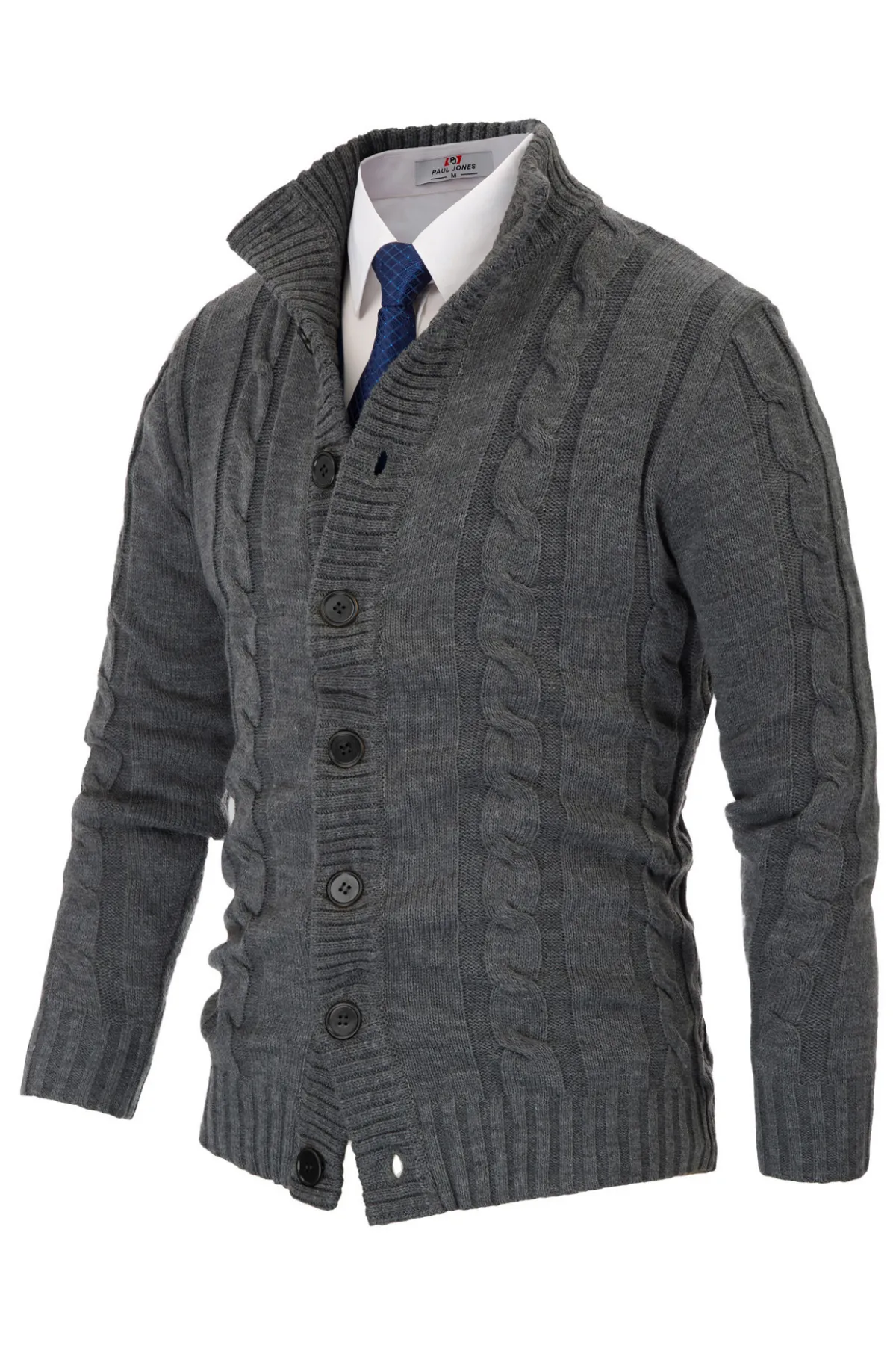 Men's Cardigan with Button Closure, Cable Knit Cardigan with Ribbed Stand-Up Collar for Autumn Winter