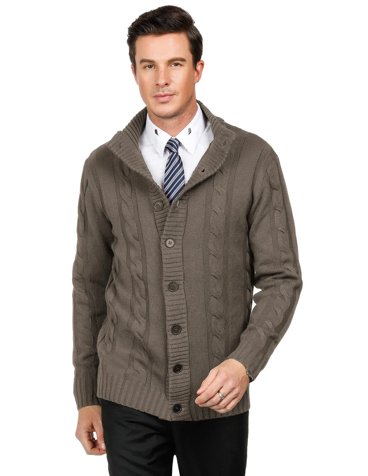 Men's Cardigan with Button Closure, Cable Knit Cardigan with Ribbed Stand-Up Collar for Autumn Winter