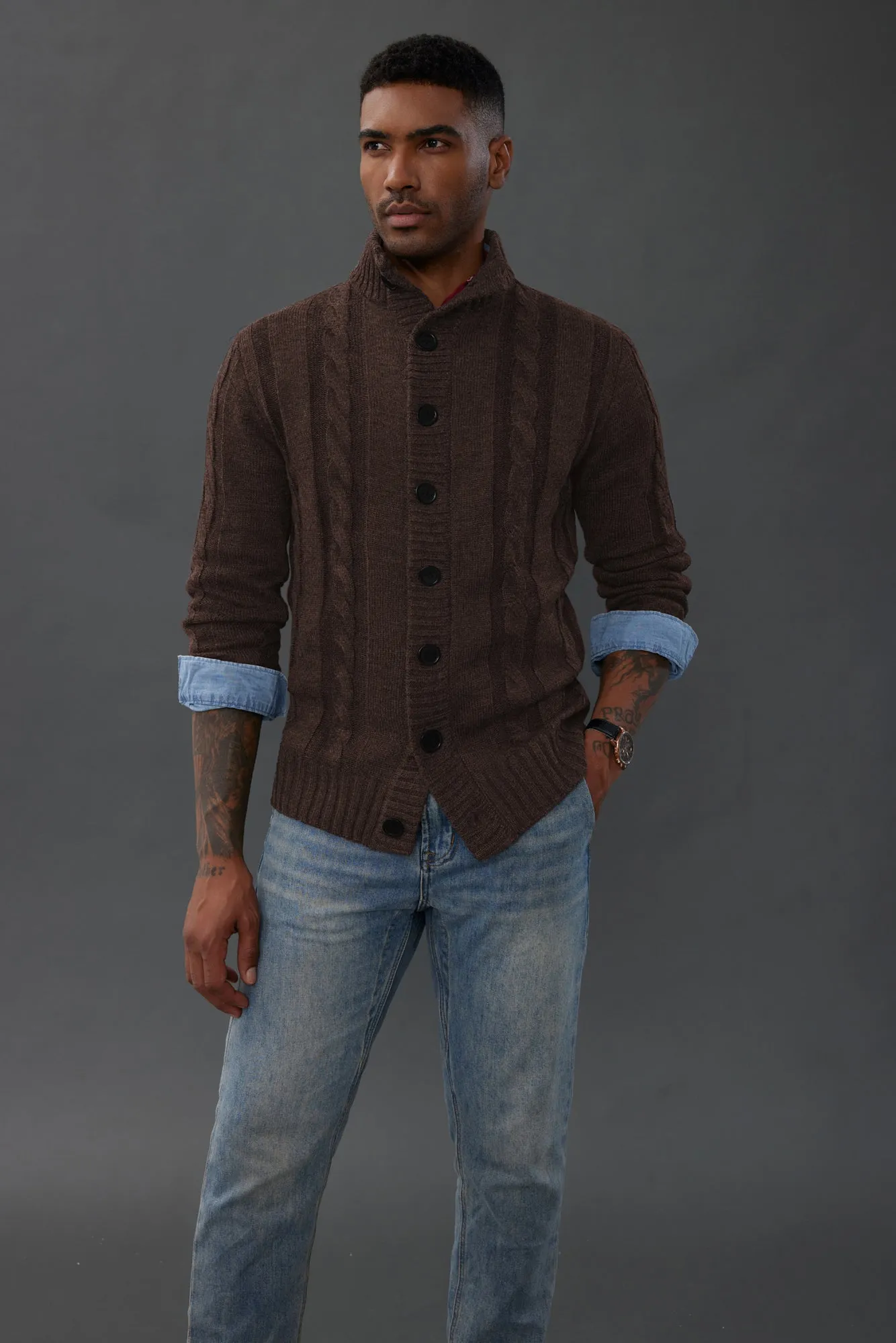 Men's Cardigan with Button Closure, Cable Knit Cardigan with Ribbed Stand-Up Collar for Autumn Winter