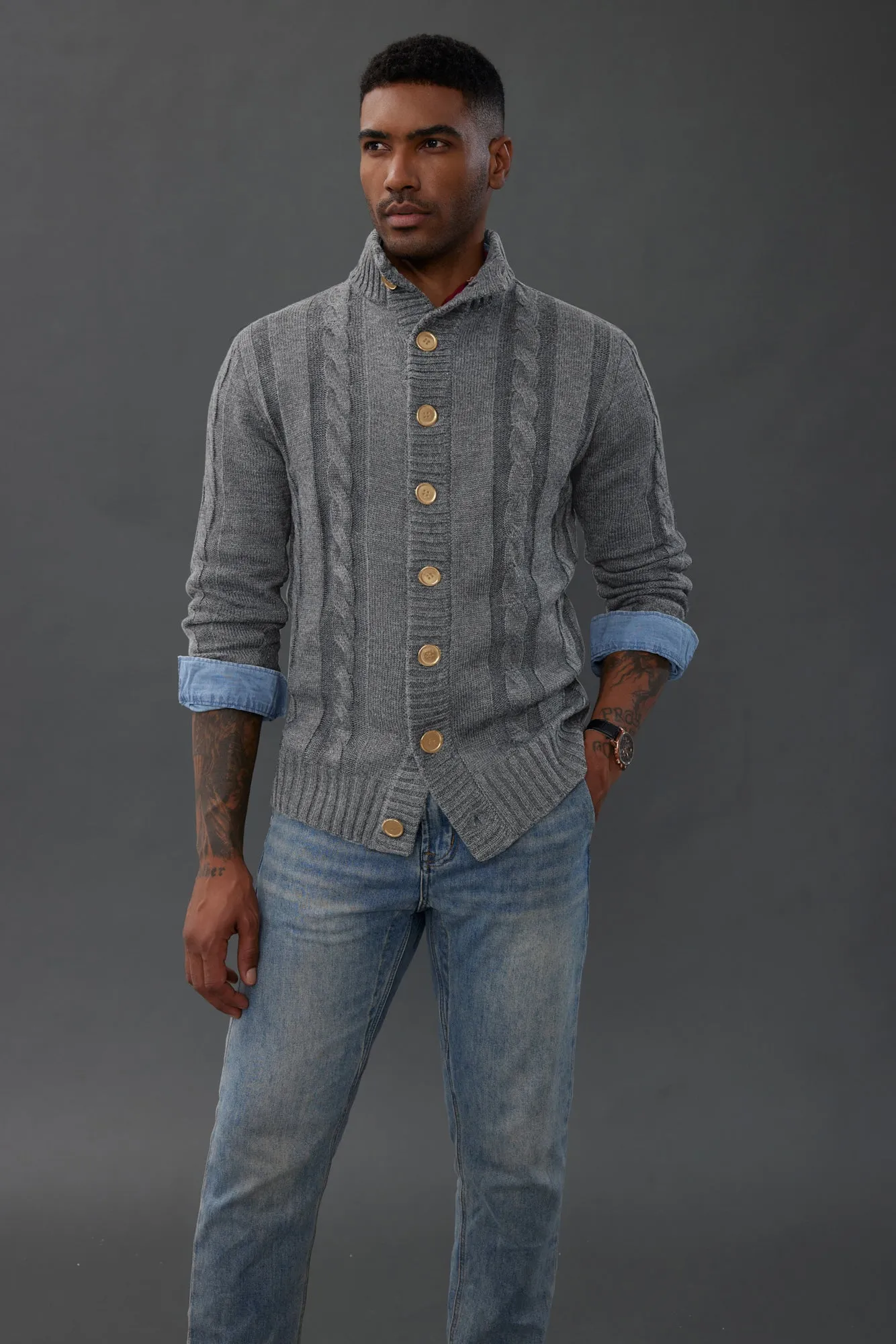 Men's Cardigan with Button Closure, Cable Knit Cardigan with Ribbed Stand-Up Collar for Autumn Winter