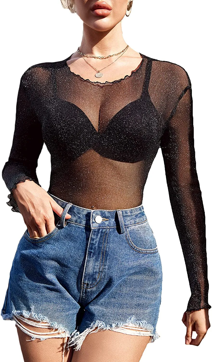 Mesh Top Long Sleeve See Through Shirt