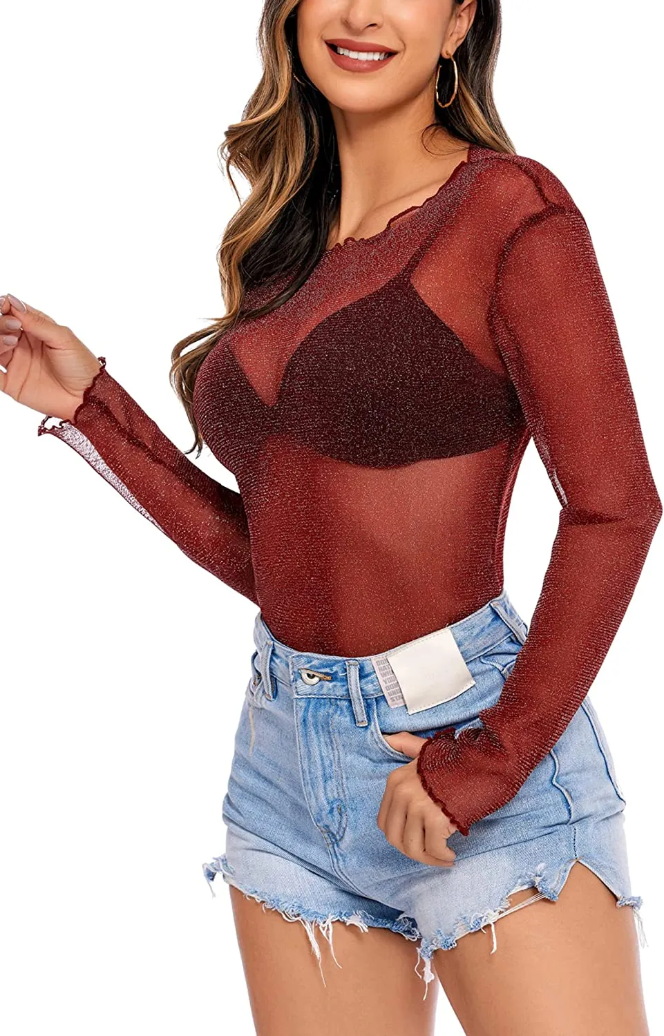 Mesh Top Long Sleeve See Through Shirt