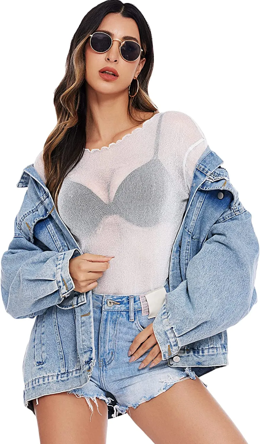 Mesh Top Long Sleeve See Through Shirt