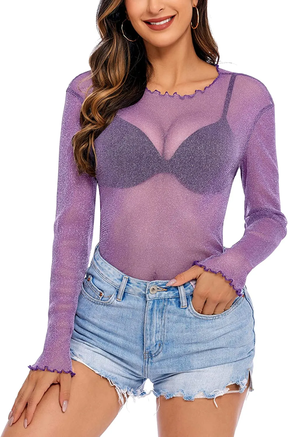 Mesh Top Long Sleeve See Through Shirt